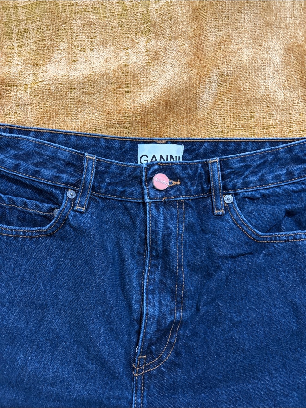 Ganni Women’s Indigo Jeans with Pink Button